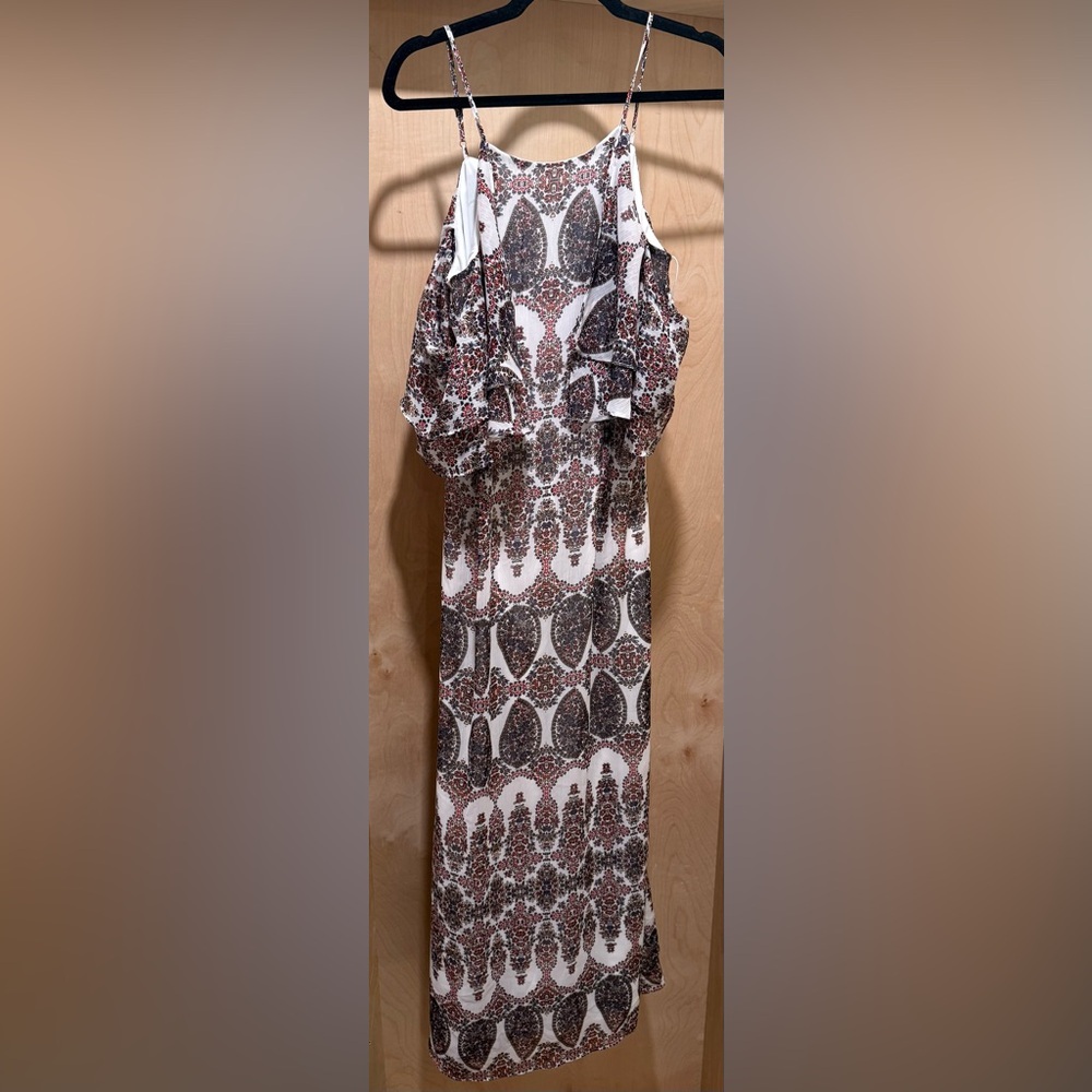 Banana Republic White open shoulder Dress with Brown & Red Print Size 10
